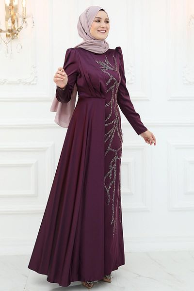 Amine Hüma Σατέν Βραδινό Φόρεμα - Burçin Plum