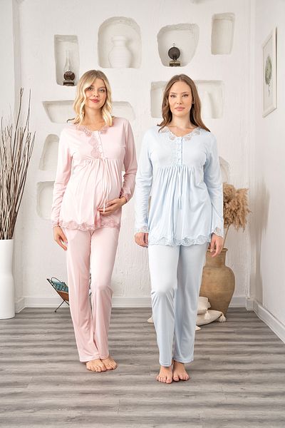 BEYVİP Women's Powder Lace Special Design Cotton Maternity Maternity Pajamas Set