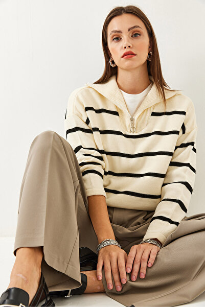Bianco Lucci Dámský rolák se zipem s pruhovaným úpletovým svetrem 85001003