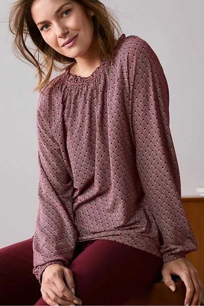 Tchibo Women Round Neck Long Sleeve All Over Print Blouse, Maroon