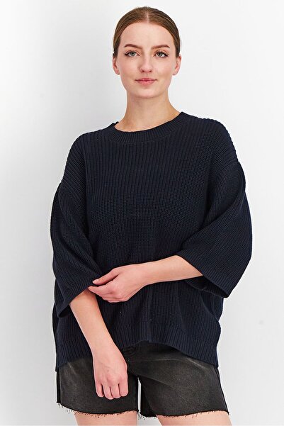 Tchibo بلوزة نسائية محبوكة بأكمام قصيرة ورقبة دائرية، لون أزرق داكن