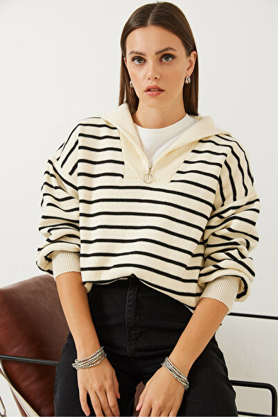 Bianco Lucci Γυναικείο πλεκτό πουλόβερ με ριγέ φερμουάρ