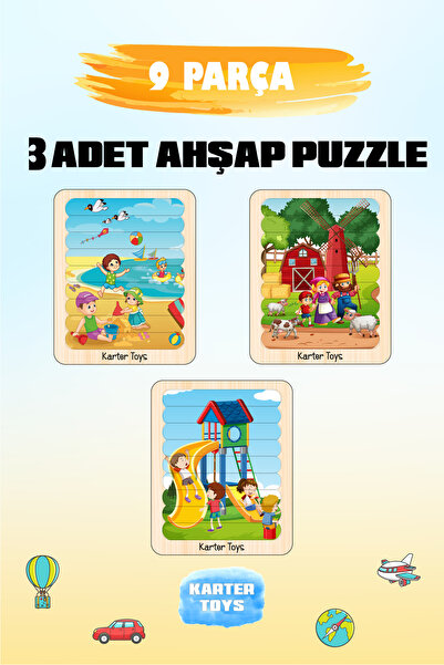 Karter İnovasyon 3 Farklı Ahşap Puzzle,Eğitici Öğretici Ahşap Puzzle,Çubuk Pu...