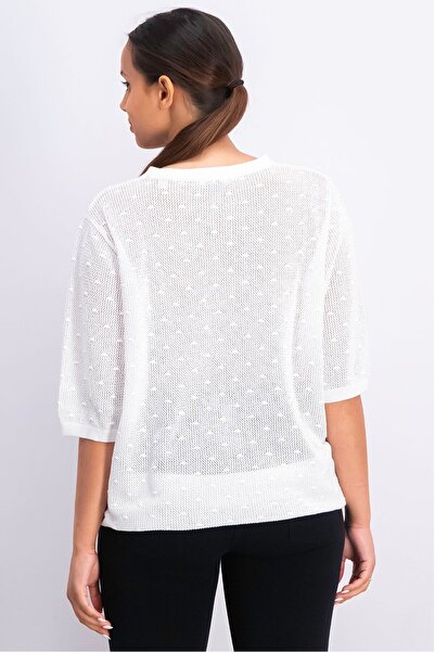 Tchibo Women Round Neck Elbow Sleeves Textured Mesh Top, White