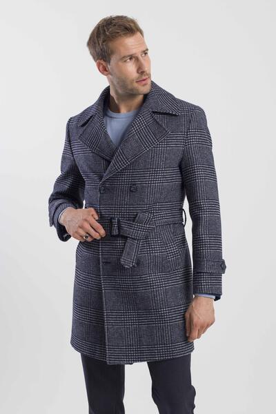 Jakamen Navy Blue Slim Fit Sailor Collar Plaid Woolen Coat