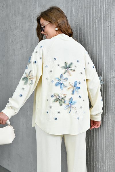 Miss Allos Women's Back and Sleeves Embroidered Tulle Floral Detailed Knitted Knitwear Kimono Jacket and Pants Bottom Top Set
