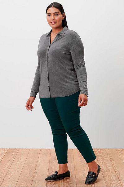 Tchibo Women Spread Collar Long Sleeve Heather Shirt, Grey