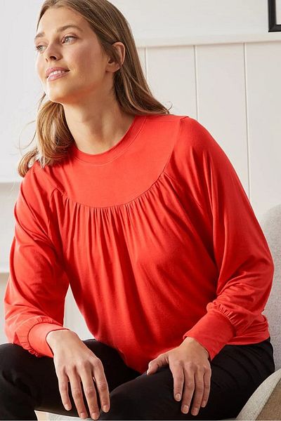 Tchibo Women Round Neck Long Sleeves Plain Blouse, Red