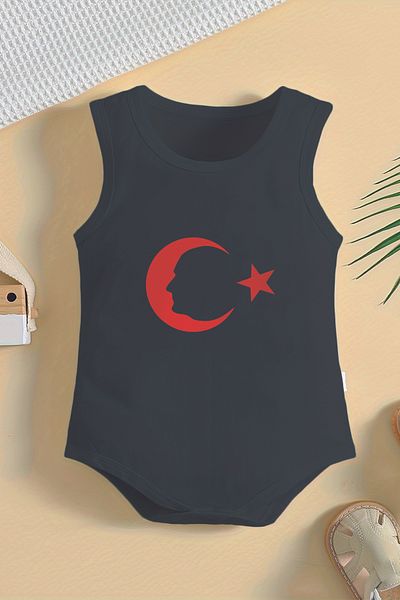 ADABEBEK 100% Cotton Crescent and Star Ataturk Silhouette Printed Baby Body with Snap Fasteners 10054