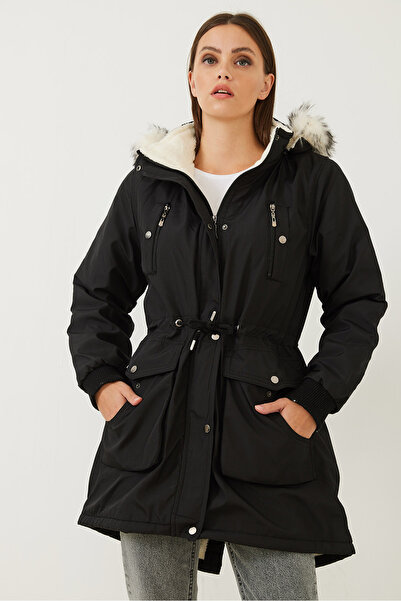 Bianco Lucci Γυναικεία γούνα με κουκούλα, μεγάλη διπλή τσέπη, παλτό με δεμένη μέση