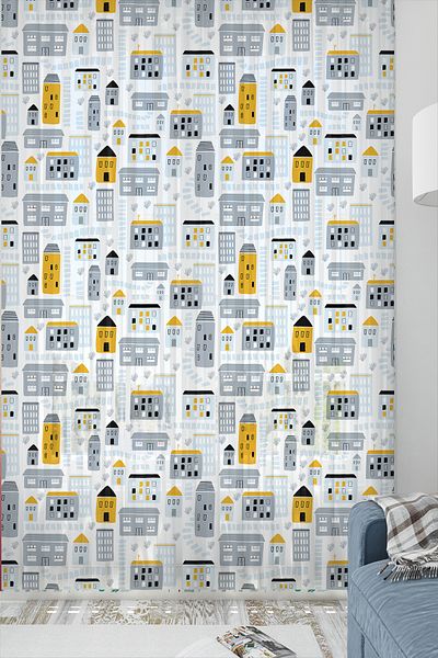 Else Dekor City Neighborhood Yellow Gray Patterned Children's Room Tulle Curtain 140X260Cm