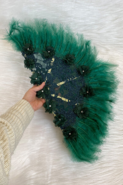 ZEYMERADE Yeşil Gelin Yelpazesi, Ahşap Tüylü Dantel Ve 3D Çiçek Süslemeli Kın...