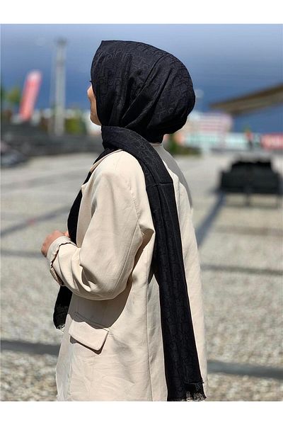 Baştacı Μαύρο σάλι από βαμβακερό Jacquard D Logo