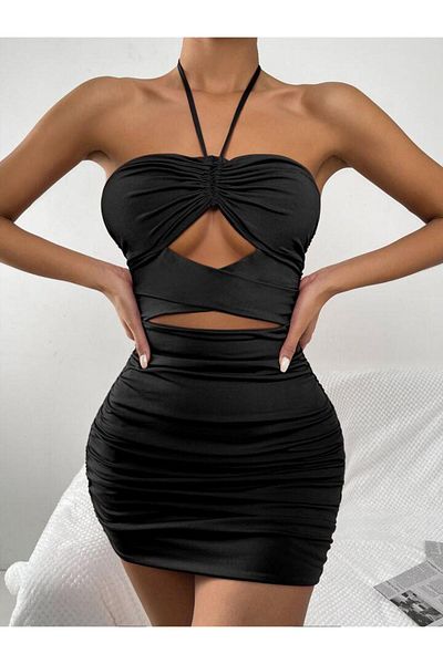 pink life Rochie mini cu bretele cu gât încrucișat negru