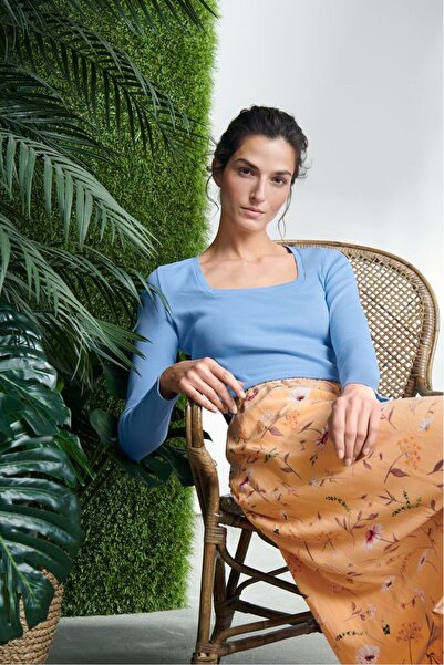 Tchibo Women Square Neck Long Sleeves Textured Top, Sky Blue