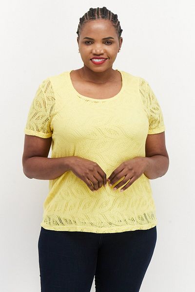 Samoon Women Crew Neck Short Sleeve Textured Top, Yellow