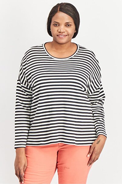 Tchibo بلوزة نسائية مخططة بأكمام طويلة ورقبة دائرية، أسود