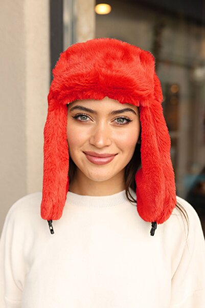 REMSA Çıtçıtlı Kürklü Kulaklıklı Peluş Bere Şapka RKŞ-03 Kırmızı