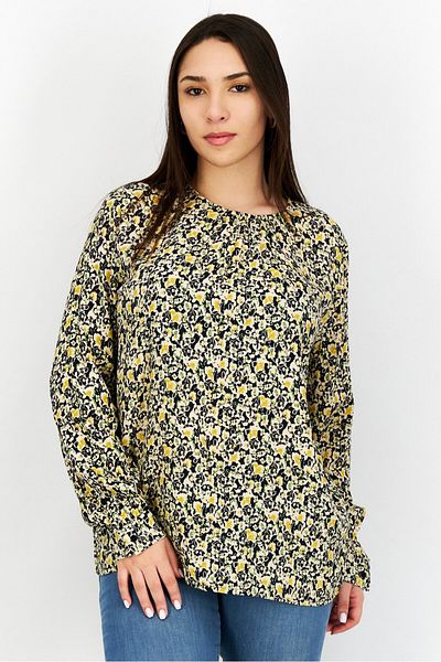 Esprit Women Round Neck Long Sleeves Floral Pattern Blouse, Black