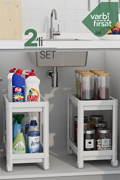 Varbifırsat 2 Katlı Tekerlekli Düzenleyici Mutfak Rafı Banyo Rafı Tezgah Altı Evye Altı Deterjanlık - 2 Adet