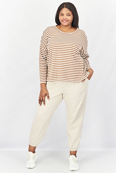 Tchibo Women Round Neck Elbow Sleeve Stripe Top, Brown And White