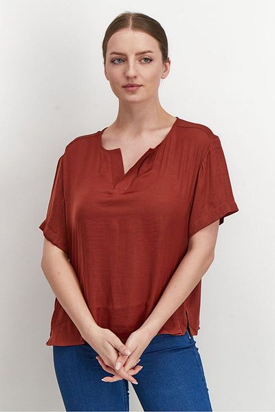 Tchibo Women Split Neckline Short Sleeve Satin Blouse, Brown