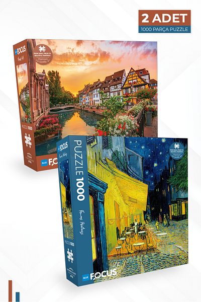 Blue Focus 1000 Piece Puzzle - 2 Pieces Cafe Terrace Night and Colmar