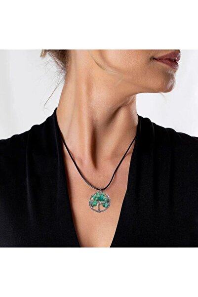 Tesbihane قلادة نسائية بتصميم شجرة الحياة بسلسلة أنيقة من حجر الأمازونيت الطبيعي