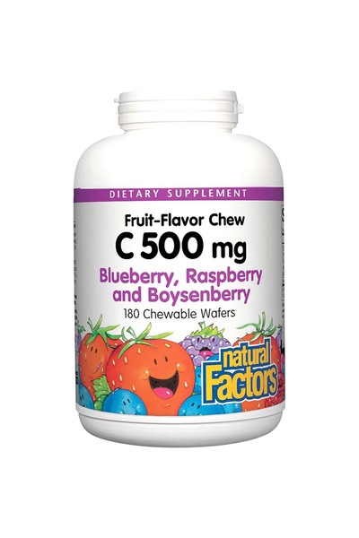 Natural Factors فيتامين سي 500 ملغ رقاقة قابلة للمضغ، التوت الأزرق والتوت الب...