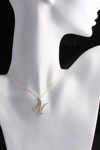 Omar Silver Kadın Büyük Boy N Harf Kolye Zirkon Taşlı Gold Altın Kaplama Gümü...