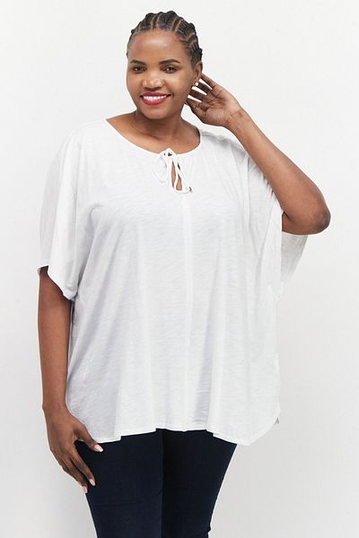 Tchibo Women Tie Neck Short Sleeve Plain Top, White