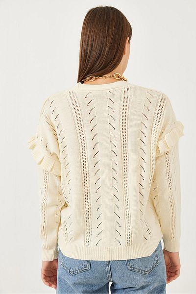Bianco Lucci Damen-Strickjacke mit durchbrochenem Rüschenmuster