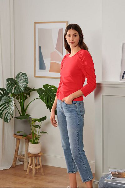 Tchibo Women Scoop Neck Long Sleeves Solid Blouse, Red