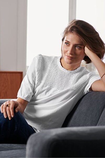 Tchibo Women Round Neck Short Sleeve Pleated Top, White