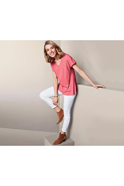 Tchibo Women V Neck Plain Short Sleeve Shirt, Rosewood