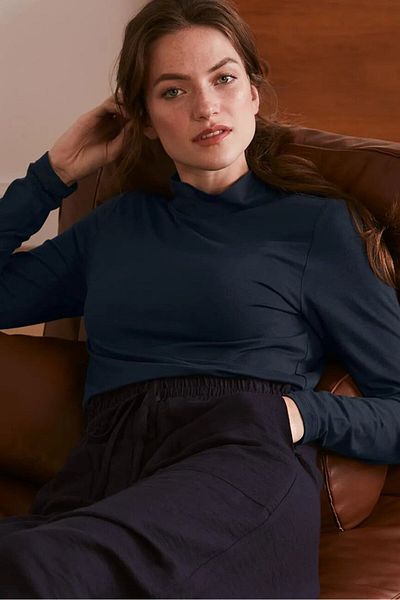 Tchibo Women Stand Collar Long Sleeve Tops, Navy Blue