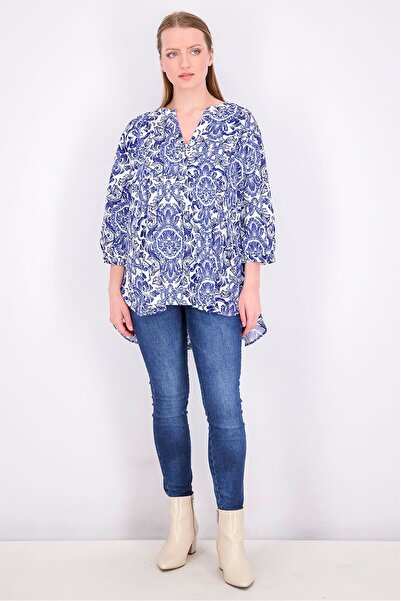 Tchibo Women Split Neck 3/4 Sleeves Printed Top, Blue