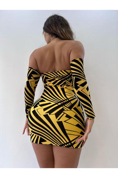 Genel Markalar Sarı Flog Baskılı Mini Elbise