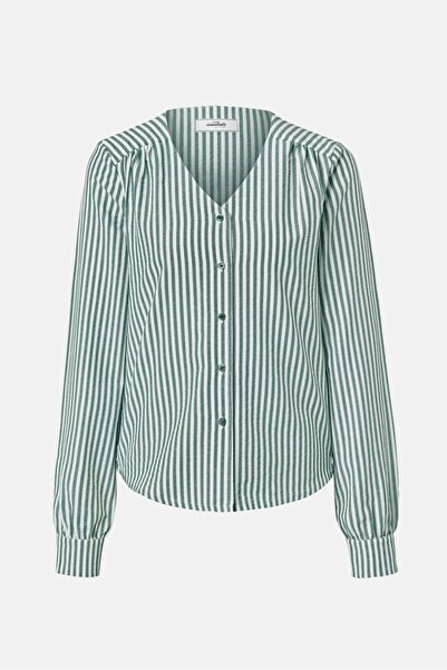 Tchibo Women Button Down Collar Long Sleeve  Stripe Top, Green and White