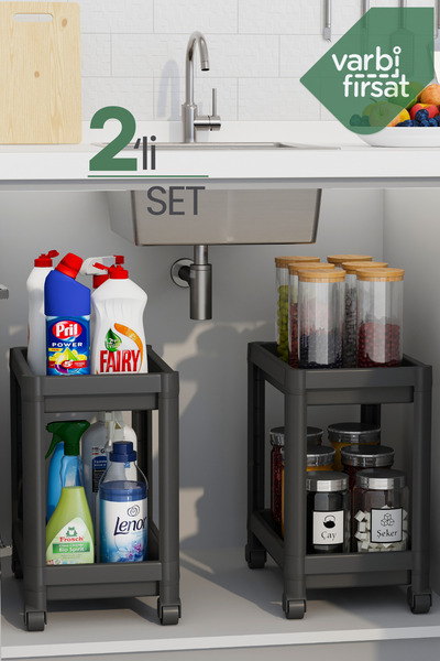 Varbifırsat 2 Katlı Tekerlekli Düzenleyici Mutfak Rafı Banyo Rafı Tezgah Altı Evye Altı Deterjanlık - 2 Adet