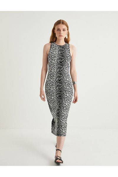 Koton Φόρεμα Viscose Midi - Leopard Print, Λεπτό λουράκι, V-λαιμόκοψη