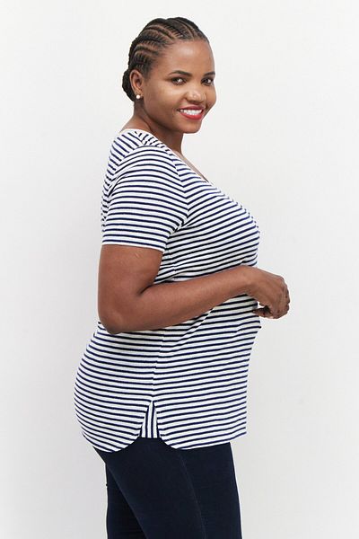 Samoon Women Crew Neck Short Sleeve Stripe Top, Blue