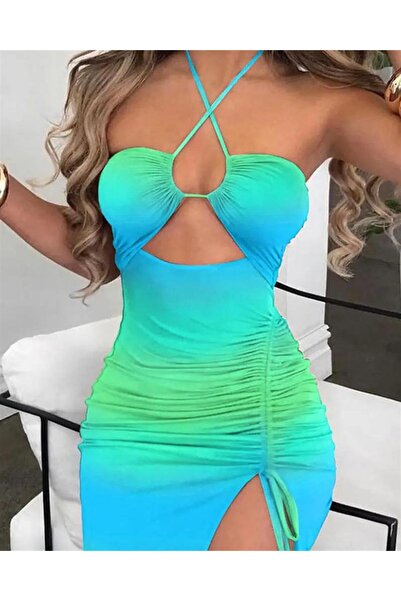 Genel Markalar Degrade Desen Derin Yırtmaçlı Göğüs Dekolteli Sandy Kumaş Midi Elbise