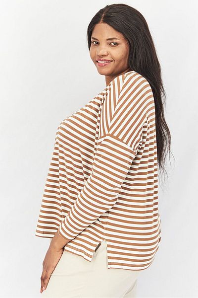 Tchibo Women Round Neck Elbow Sleeve Stripe Top, Brown And White