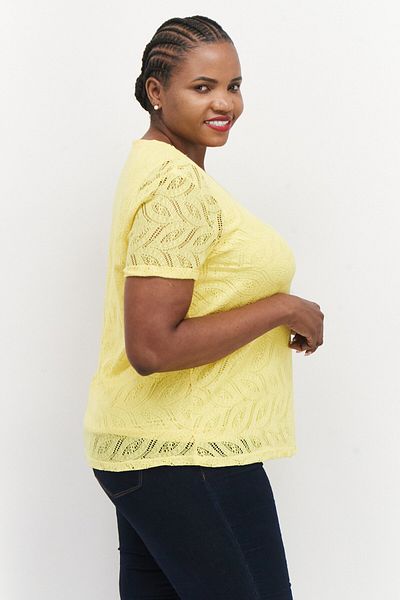 Samoon Women Crew Neck Short Sleeve Textured Top, Yellow
