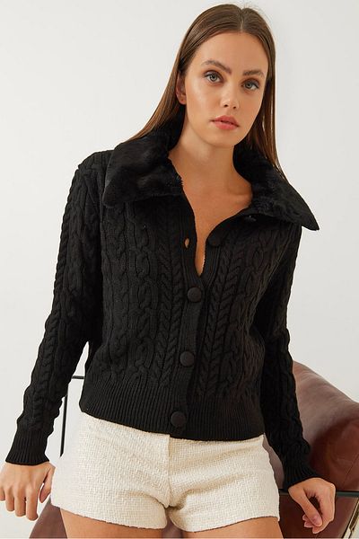 Bianco Lucci Women's Furry Knitwear Cardigan with Braided Hair Collar