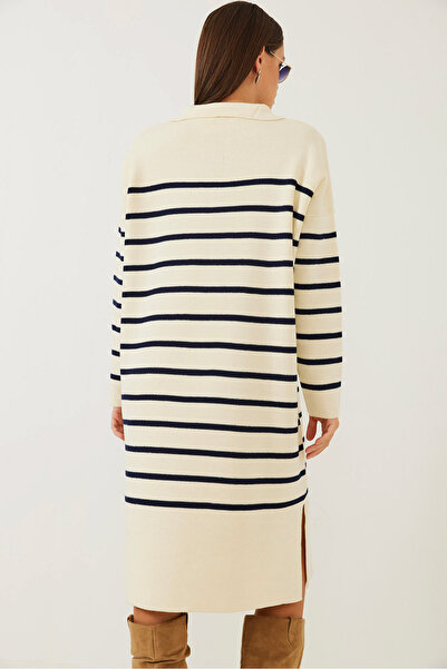 Bianco Lucci Γυναικείο πλεκτό φόρεμα με ριγέ στο πλάι V-λαιμόκοψη