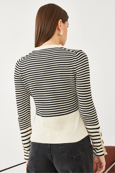 Bianco Lucci Pulover de damă, cu mâneci cu nasturi, tricotaj în dungi