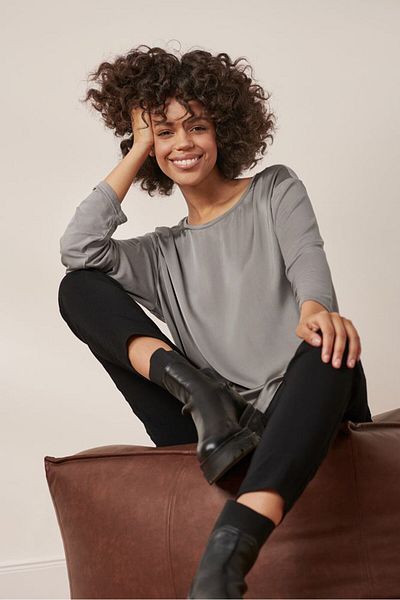 Tchibo Women Scoop Neck 3/4 Sleeve Plain Blouse, Grey