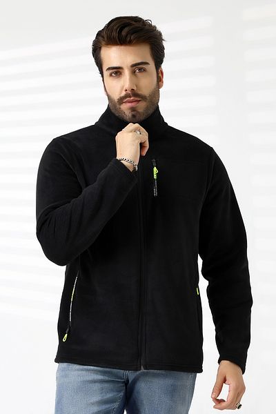TİJA Men's Zippered Pocket, Black Fleece Cardigan, Jacket